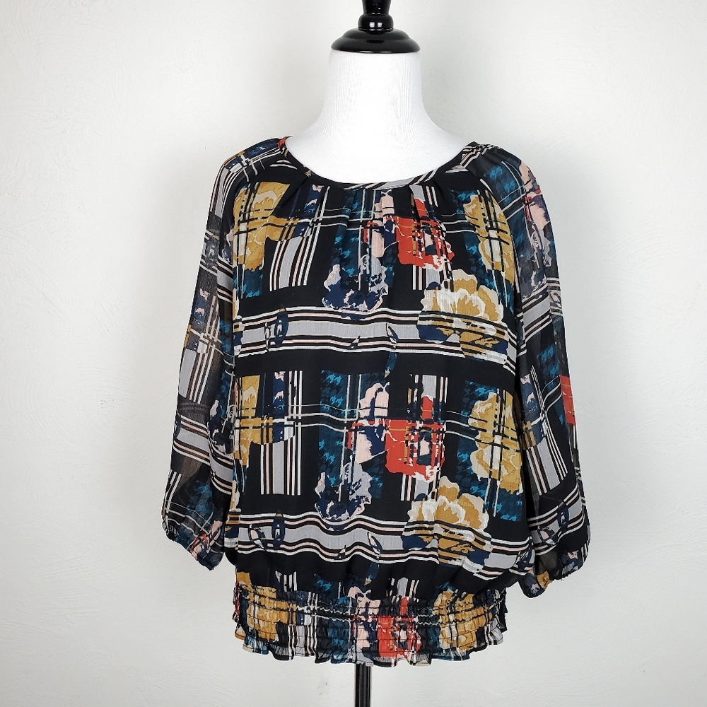 Christopher & Banks Blouse Top Sheer Plaid Floral Mix Pattern Eclectic Black